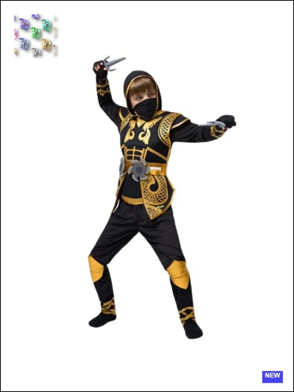 Golden Ninja Costume Set for Boys, Jumpsuit with Foam Accessories, Halloween